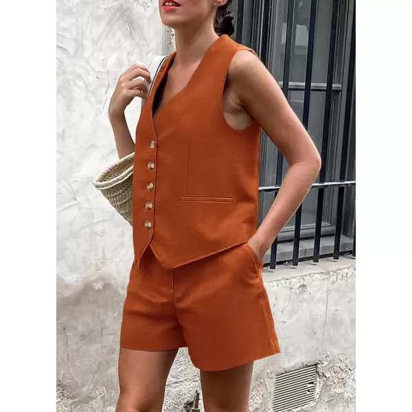 imagePRETTYGARDEN Womens Summer 2 Piece Outfits Sleeveless Matching Sets Button Down V Neck Vest Waistcoat and Pockets ShortsBrick Red