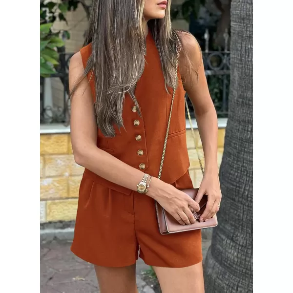 imagePRETTYGARDEN Womens Summer 2 Piece Outfits Sleeveless Matching Sets Button Down V Neck Vest Waistcoat and Pockets ShortsBrick Red