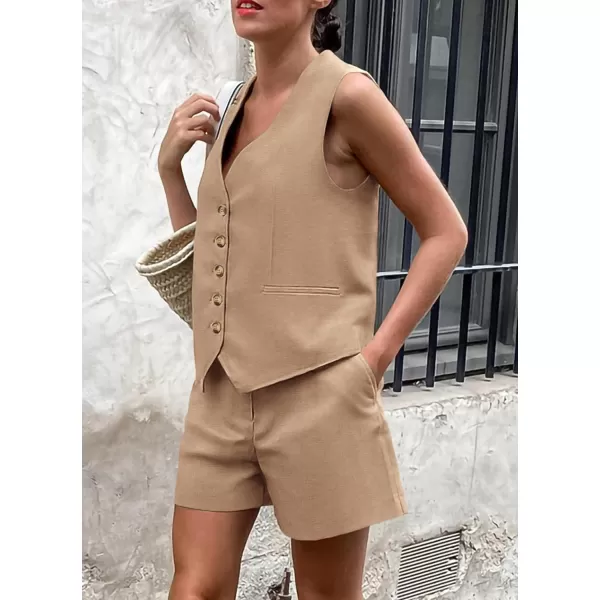 imagePRETTYGARDEN Womens Summer 2 Piece Outfits Sleeveless Matching Sets Button Down V Neck Vest Waistcoat and Pockets ShortsKhaki