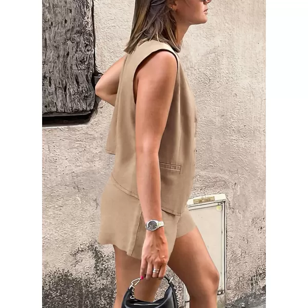imagePRETTYGARDEN Womens Summer 2 Piece Outfits Sleeveless Matching Sets Button Down V Neck Vest Waistcoat and Pockets ShortsKhaki