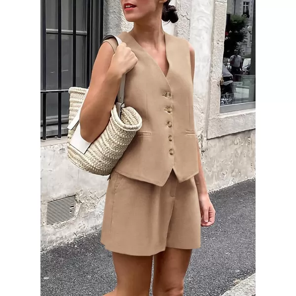 imagePRETTYGARDEN Womens Summer 2 Piece Outfits Sleeveless Matching Sets Button Down V Neck Vest Waistcoat and Pockets ShortsKhaki
