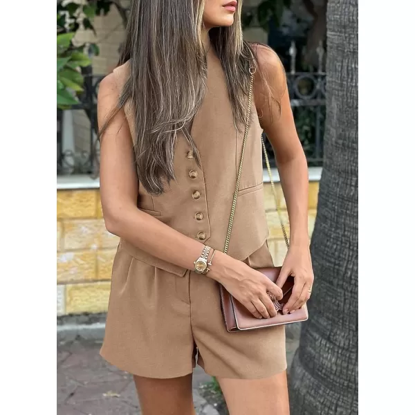 imagePRETTYGARDEN Womens Summer 2 Piece Outfits Sleeveless Matching Sets Button Down V Neck Vest Waistcoat and Pockets ShortsKhaki