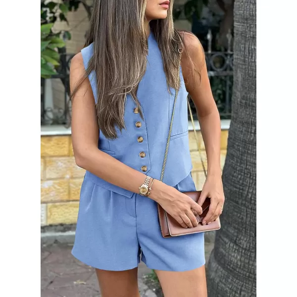 imagePRETTYGARDEN Womens Summer 2 Piece Outfits Sleeveless Matching Sets Button Down V Neck Vest Waistcoat and Pockets ShortsLight Blue
