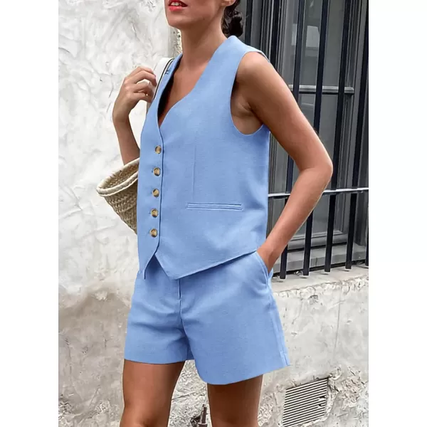 imagePRETTYGARDEN Womens Summer 2 Piece Outfits Sleeveless Matching Sets Button Down V Neck Vest Waistcoat and Pockets ShortsLight Blue