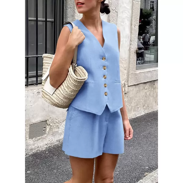 imagePRETTYGARDEN Womens Summer 2 Piece Outfits Sleeveless Matching Sets Button Down V Neck Vest Waistcoat and Pockets ShortsLight Blue