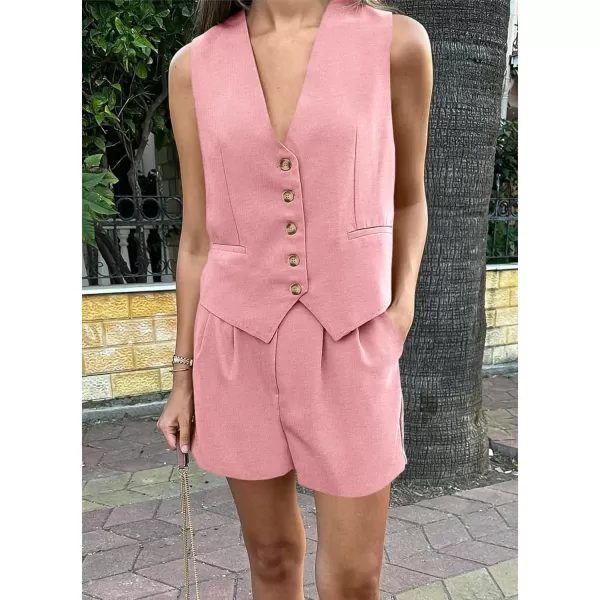 imagePRETTYGARDEN Womens Summer 2 Piece Outfits Sleeveless Matching Sets Button Down V Neck Vest Waistcoat and Pockets ShortsPink