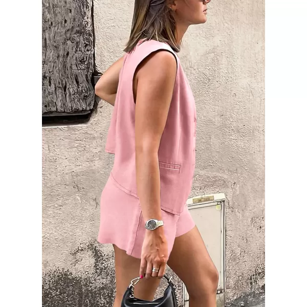 imagePRETTYGARDEN Womens Summer 2 Piece Outfits Sleeveless Matching Sets Button Down V Neck Vest Waistcoat and Pockets ShortsPink