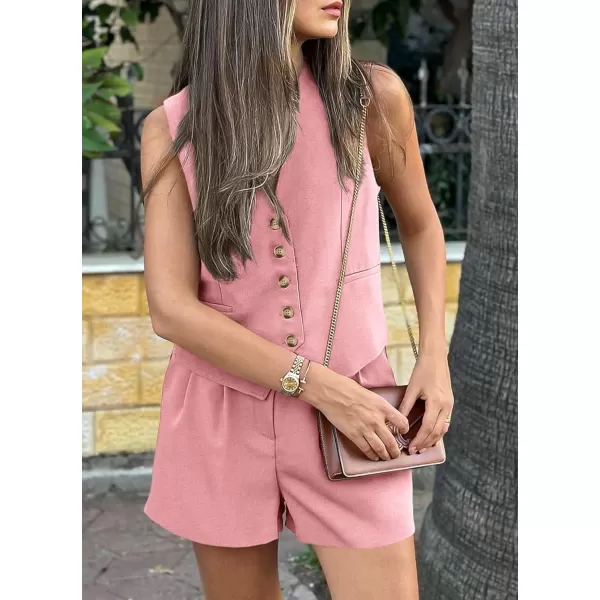 imagePRETTYGARDEN Womens Summer 2 Piece Outfits Sleeveless Matching Sets Button Down V Neck Vest Waistcoat and Pockets ShortsPink