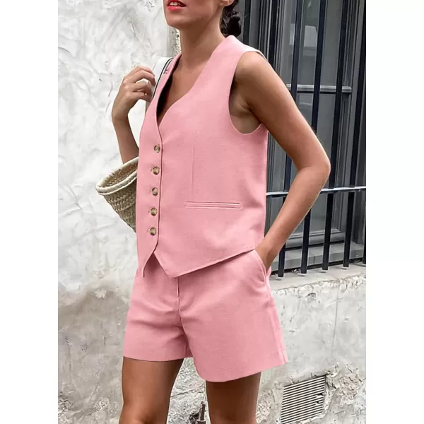 imagePRETTYGARDEN Womens Summer 2 Piece Outfits Sleeveless Matching Sets Button Down V Neck Vest Waistcoat and Pockets ShortsPink