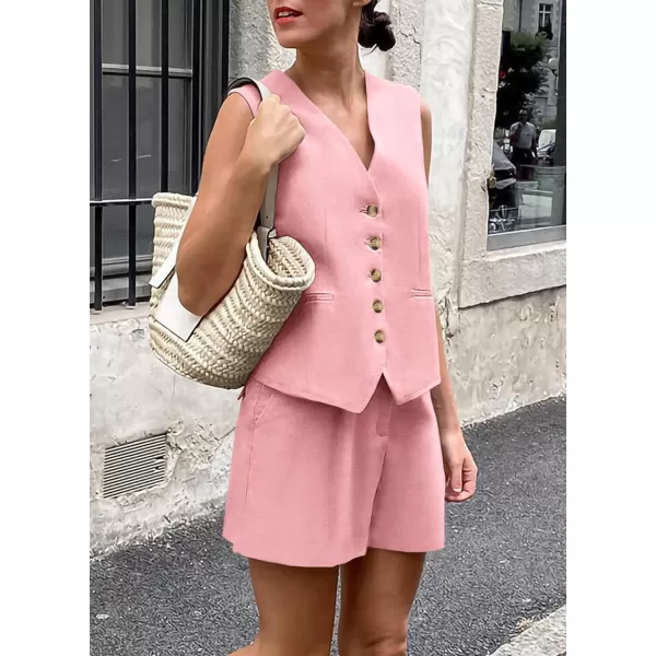 imagePRETTYGARDEN Womens Summer 2 Piece Outfits Sleeveless Matching Sets Button Down V Neck Vest Waistcoat and Pockets ShortsPink