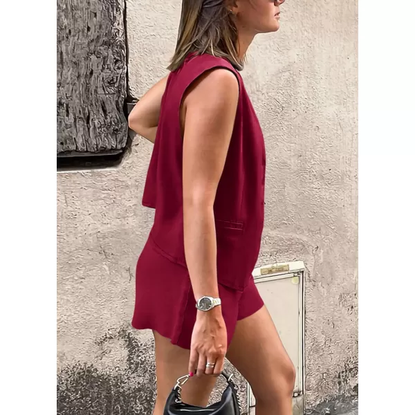 imagePRETTYGARDEN Womens Summer 2 Piece Outfits Sleeveless Matching Sets Button Down V Neck Vest Waistcoat and Pockets ShortsWine Red