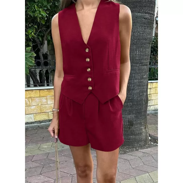 imagePRETTYGARDEN Womens Summer 2 Piece Outfits Sleeveless Matching Sets Button Down V Neck Vest Waistcoat and Pockets ShortsWine Red