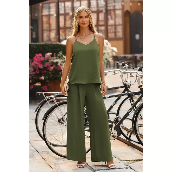 imagePRETTYGARDEN Womens Summer 2 Piece Set Sleeveless V Neck Cami Top Wide Leg Pants Loose Fit Casual OutfitArmy Green