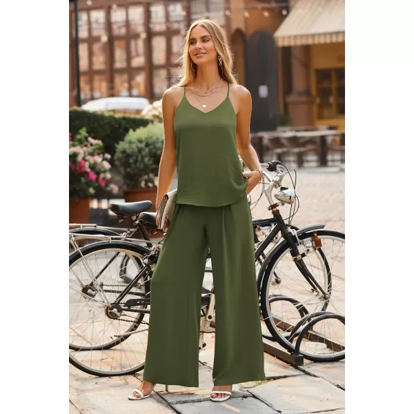 imagePRETTYGARDEN Womens Summer 2 Piece Set Sleeveless V Neck Cami Top Wide Leg Pants Loose Fit Casual OutfitArmy Green