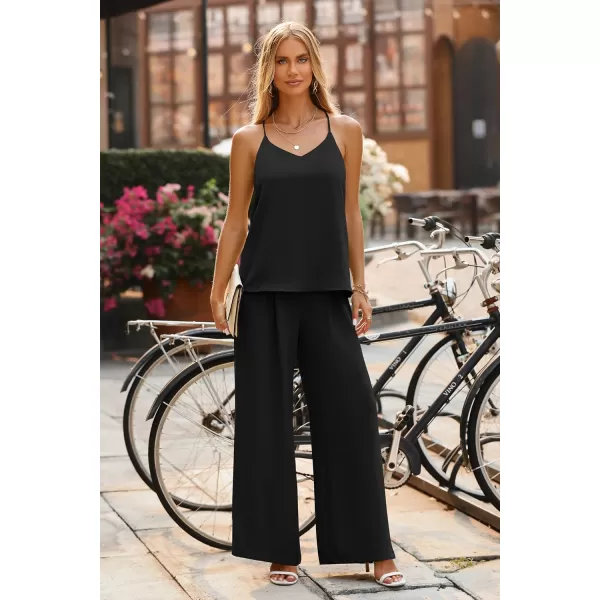 imagePRETTYGARDEN Womens Summer 2 Piece Set Sleeveless V Neck Cami Top Wide Leg Pants Loose Fit Casual OutfitBlack