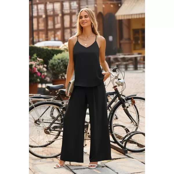 imagePRETTYGARDEN Womens Summer 2 Piece Set Sleeveless V Neck Cami Top Wide Leg Pants Loose Fit Casual OutfitBlack