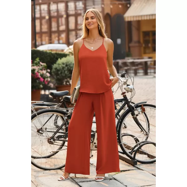 imagePRETTYGARDEN Womens Summer 2 Piece Set Sleeveless V Neck Cami Top Wide Leg Pants Loose Fit Casual OutfitBrown Red
