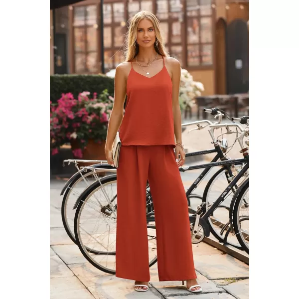 imagePRETTYGARDEN Womens Summer 2 Piece Set Sleeveless V Neck Cami Top Wide Leg Pants Loose Fit Casual OutfitBrown Red