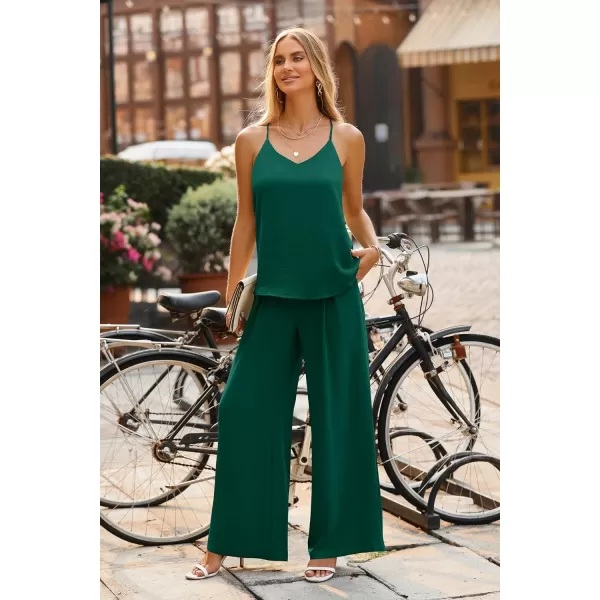 imagePRETTYGARDEN Womens Summer 2 Piece Set Sleeveless V Neck Cami Top Wide Leg Pants Loose Fit Casual OutfitDark Green