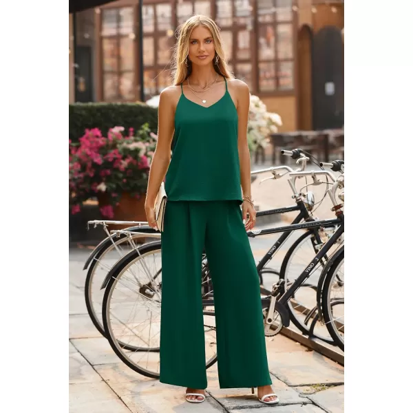 imagePRETTYGARDEN Womens Summer 2 Piece Set Sleeveless V Neck Cami Top Wide Leg Pants Loose Fit Casual OutfitDark Green