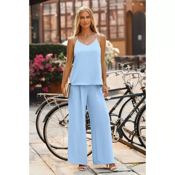 imagePRETTYGARDEN Womens Summer 2 Piece Set Sleeveless V Neck Cami Top Wide Leg Pants Loose Fit Casual OutfitLight Blue