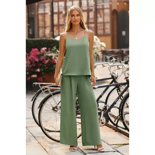 imagePRETTYGARDEN Womens Summer 2 Piece Set Sleeveless V Neck Cami Top Wide Leg Pants Loose Fit Casual OutfitLight Green