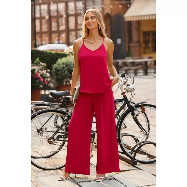 imagePRETTYGARDEN Womens Summer 2 Piece Set Sleeveless V Neck Cami Top Wide Leg Pants Loose Fit Casual OutfitRed