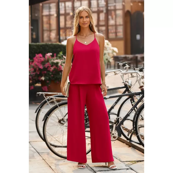 imagePRETTYGARDEN Womens Summer 2 Piece Set Sleeveless V Neck Cami Top Wide Leg Pants Loose Fit Casual OutfitRed