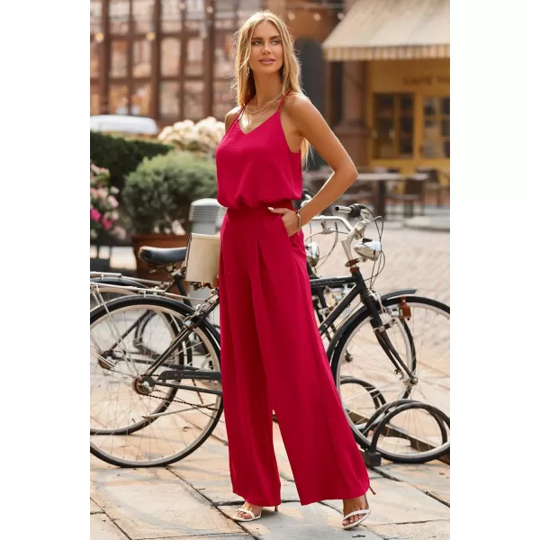 imagePRETTYGARDEN Womens Summer 2 Piece Set Sleeveless V Neck Cami Top Wide Leg Pants Loose Fit Casual OutfitRed