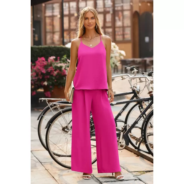imagePRETTYGARDEN Womens Summer 2 Piece Set Sleeveless V Neck Cami Top Wide Leg Pants Loose Fit Casual OutfitRose Red