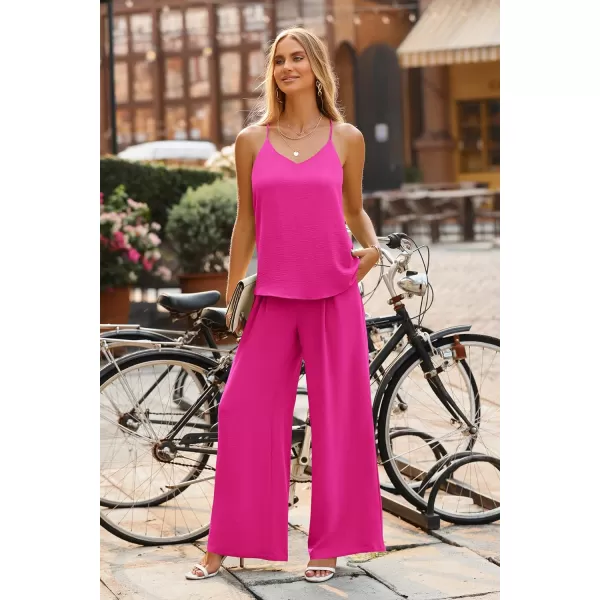 imagePRETTYGARDEN Womens Summer 2 Piece Set Sleeveless V Neck Cami Top Wide Leg Pants Loose Fit Casual OutfitRose Red