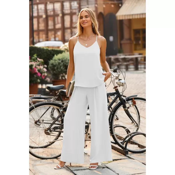 imagePRETTYGARDEN Womens Summer 2 Piece Set Sleeveless V Neck Cami Top Wide Leg Pants Loose Fit Casual OutfitWhite