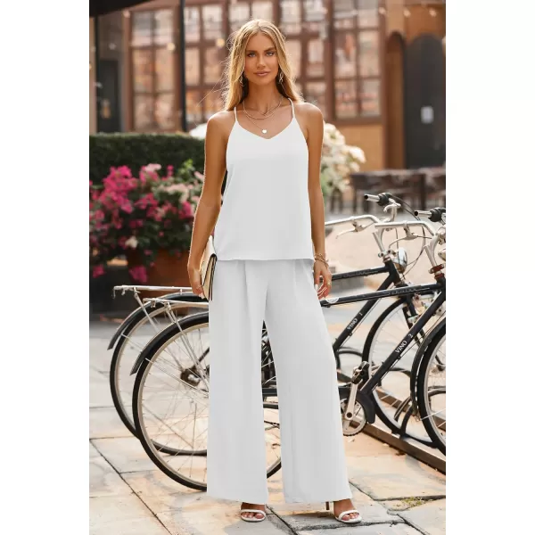 imagePRETTYGARDEN Womens Summer 2 Piece Set Sleeveless V Neck Cami Top Wide Leg Pants Loose Fit Casual OutfitWhite
