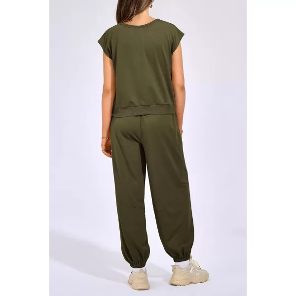 imagePRETTYGARDEN Womens Summer 2 Piece Tracksuit Outfit Casual Cap Sleeve Tops High Waist Pants Set LoungewearArmy Green