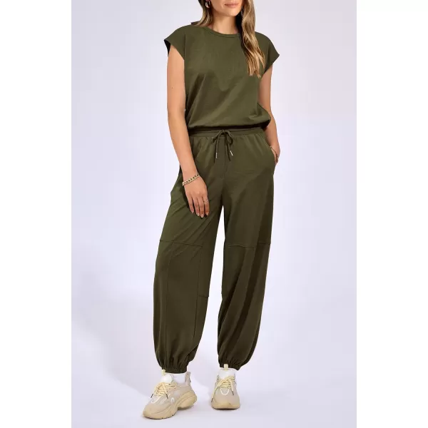 imagePRETTYGARDEN Womens Summer 2 Piece Tracksuit Outfit Casual Cap Sleeve Tops High Waist Pants Set LoungewearArmy Green