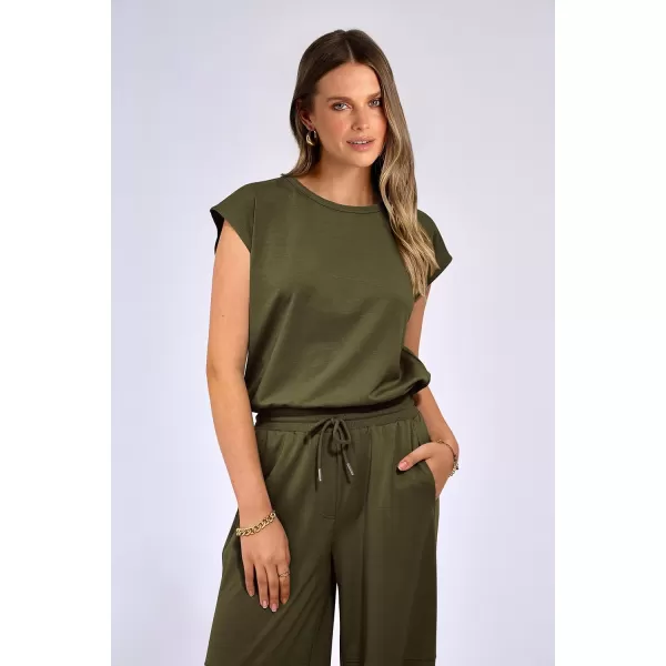 imagePRETTYGARDEN Womens Summer 2 Piece Tracksuit Outfit Casual Cap Sleeve Tops High Waist Pants Set LoungewearArmy Green