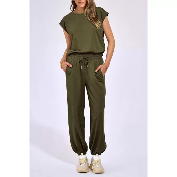 imagePRETTYGARDEN Womens Summer 2 Piece Tracksuit Outfit Casual Cap Sleeve Tops High Waist Pants Set LoungewearArmy Green
