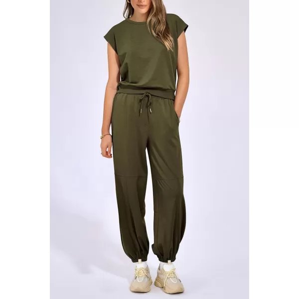 imagePRETTYGARDEN Womens Summer 2 Piece Tracksuit Outfit Casual Cap Sleeve Tops High Waist Pants Set LoungewearArmy Green