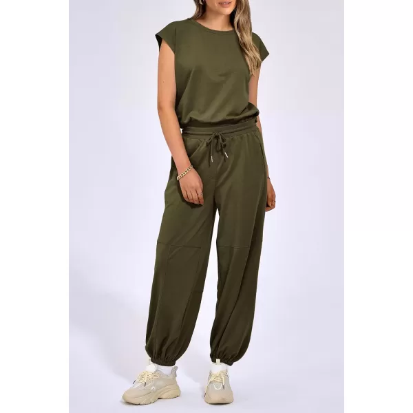imagePRETTYGARDEN Womens Summer 2 Piece Tracksuit Outfit Casual Cap Sleeve Tops High Waist Pants Set LoungewearArmy Green