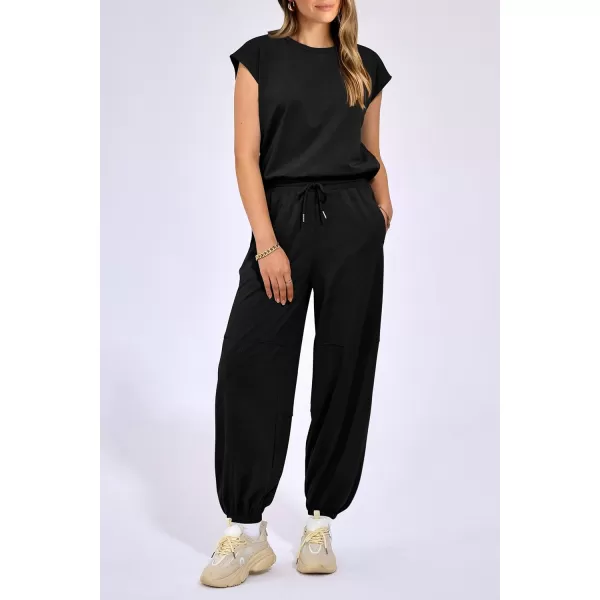 imagePRETTYGARDEN Womens Summer 2 Piece Tracksuit Outfit Casual Cap Sleeve Tops High Waist Pants Set LoungewearBlack