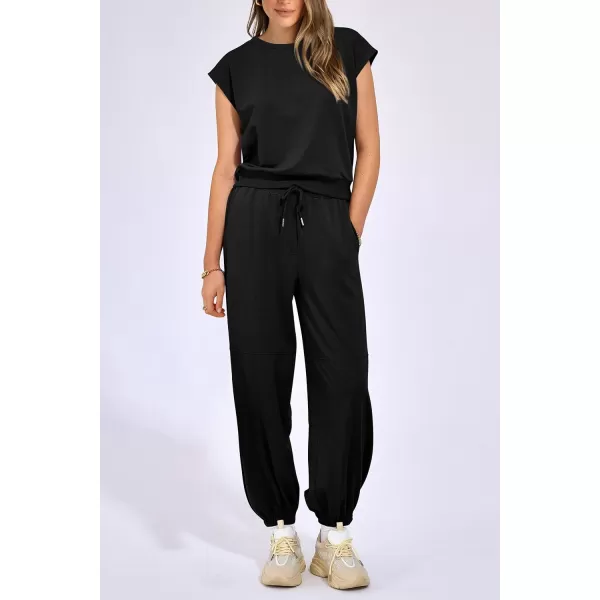 imagePRETTYGARDEN Womens Summer 2 Piece Tracksuit Outfit Casual Cap Sleeve Tops High Waist Pants Set LoungewearBlack