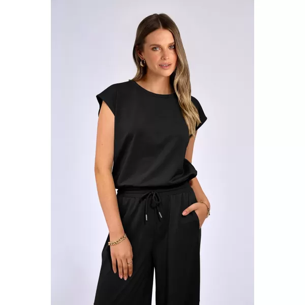 imagePRETTYGARDEN Womens Summer 2 Piece Tracksuit Outfit Casual Cap Sleeve Tops High Waist Pants Set LoungewearBlack