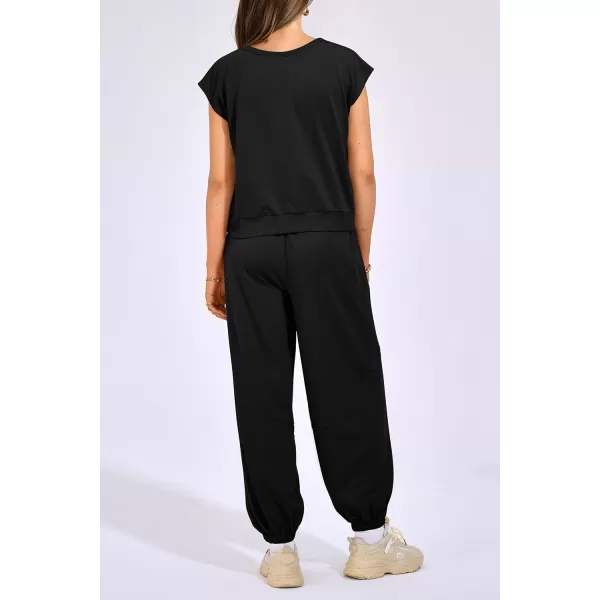 imagePRETTYGARDEN Womens Summer 2 Piece Tracksuit Outfit Casual Cap Sleeve Tops High Waist Pants Set LoungewearBlack