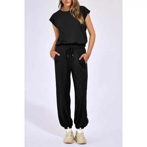 imagePRETTYGARDEN Womens Summer 2 Piece Tracksuit Outfit Casual Cap Sleeve Tops High Waist Pants Set LoungewearBlack