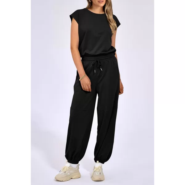 imagePRETTYGARDEN Womens Summer 2 Piece Tracksuit Outfit Casual Cap Sleeve Tops High Waist Pants Set LoungewearBlack