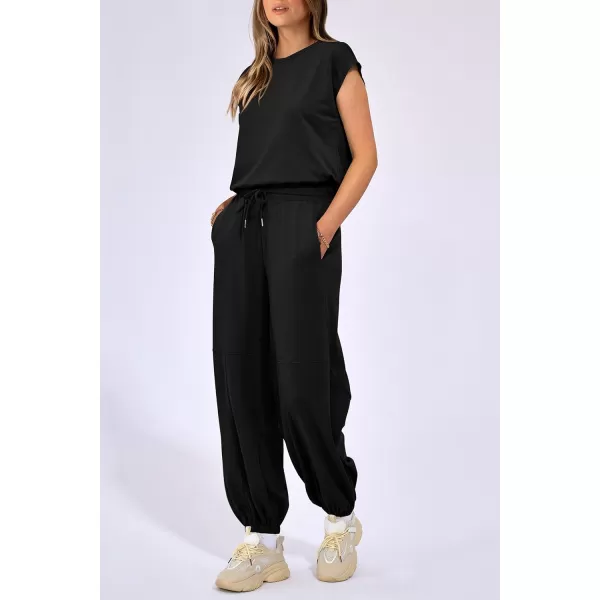 imagePRETTYGARDEN Womens Summer 2 Piece Tracksuit Outfit Casual Cap Sleeve Tops High Waist Pants Set LoungewearBlack
