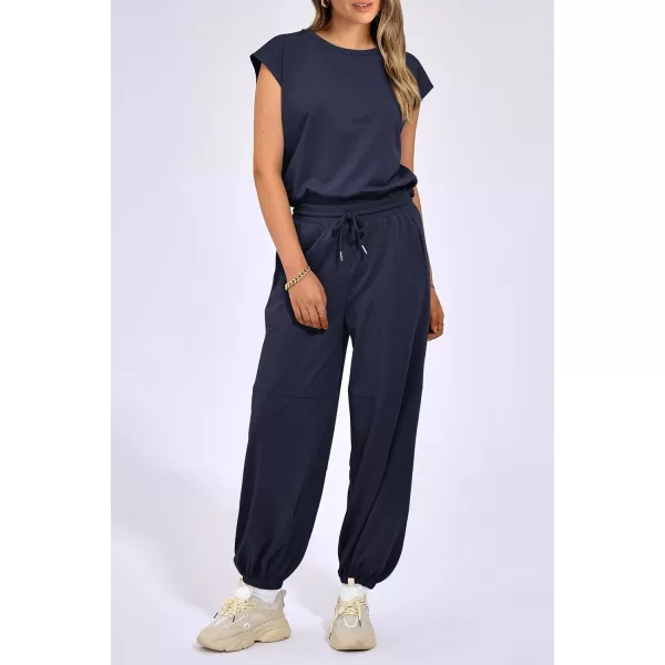 imagePRETTYGARDEN Womens Summer 2 Piece Tracksuit Outfit Casual Cap Sleeve Tops High Waist Pants Set LoungewearDark Blue