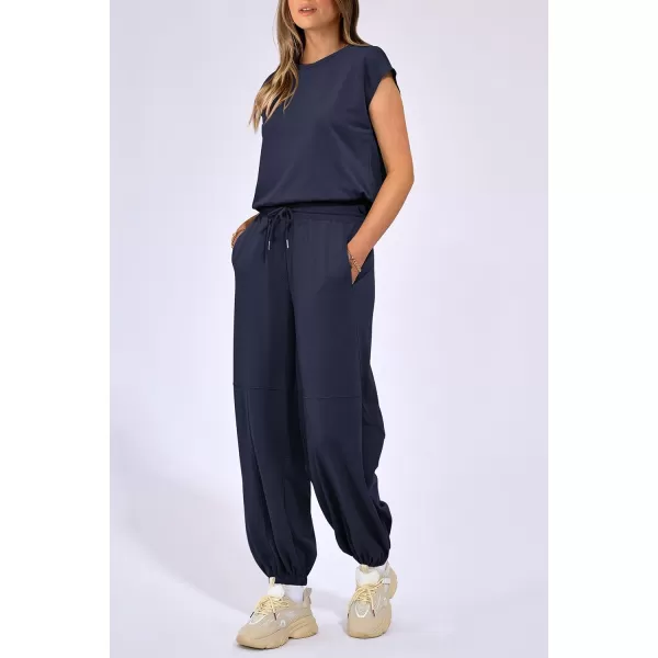 imagePRETTYGARDEN Womens Summer 2 Piece Tracksuit Outfit Casual Cap Sleeve Tops High Waist Pants Set LoungewearDark Blue