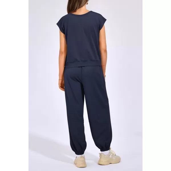 imagePRETTYGARDEN Womens Summer 2 Piece Tracksuit Outfit Casual Cap Sleeve Tops High Waist Pants Set LoungewearDark Blue