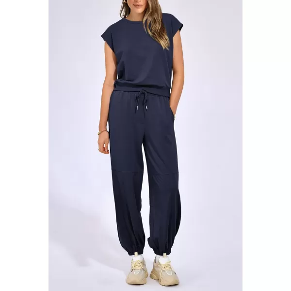 imagePRETTYGARDEN Womens Summer 2 Piece Tracksuit Outfit Casual Cap Sleeve Tops High Waist Pants Set LoungewearDark Blue